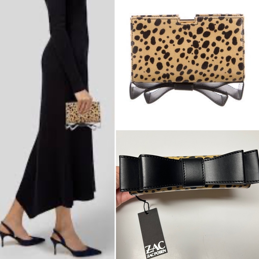 ZAC POSEN “Milla” Small Frame Animal Print Coated Clutch with Bow Accent Bottom